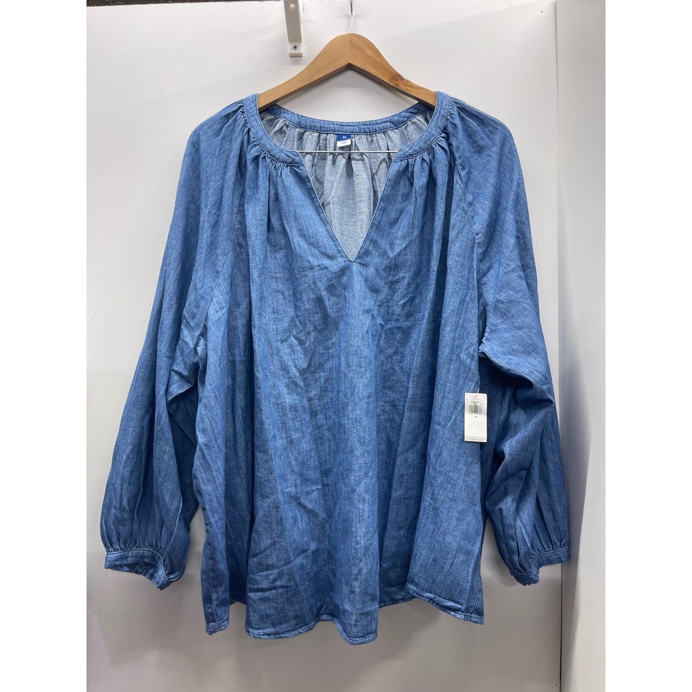 Old Navy Women 3X Chambray Blouse Blue Long Sleeve V-Neck Relaxed Top NWT